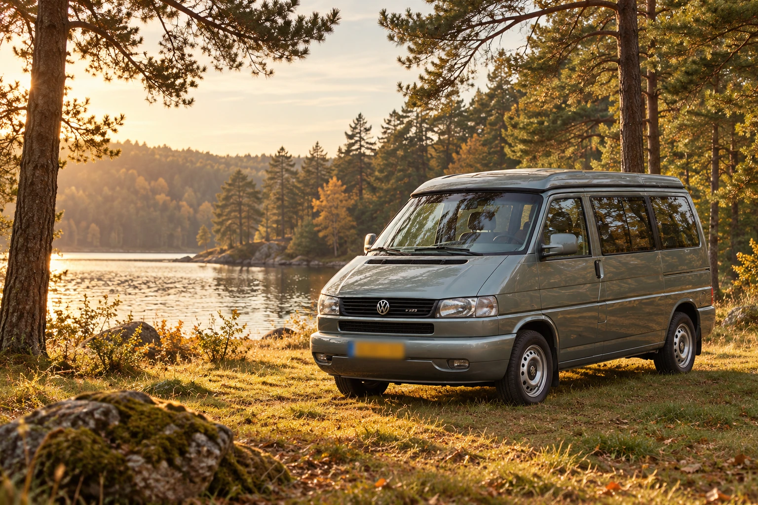 AI-sfeerbeeld van een groene Volkswagen T4 bij een meer in het bos